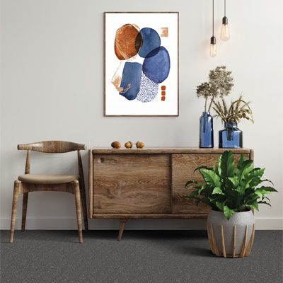 grey carpet in entryway with wooden side table and matching chair and decor