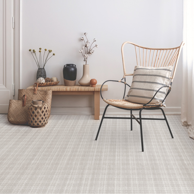 neutral plaid carpet in living room