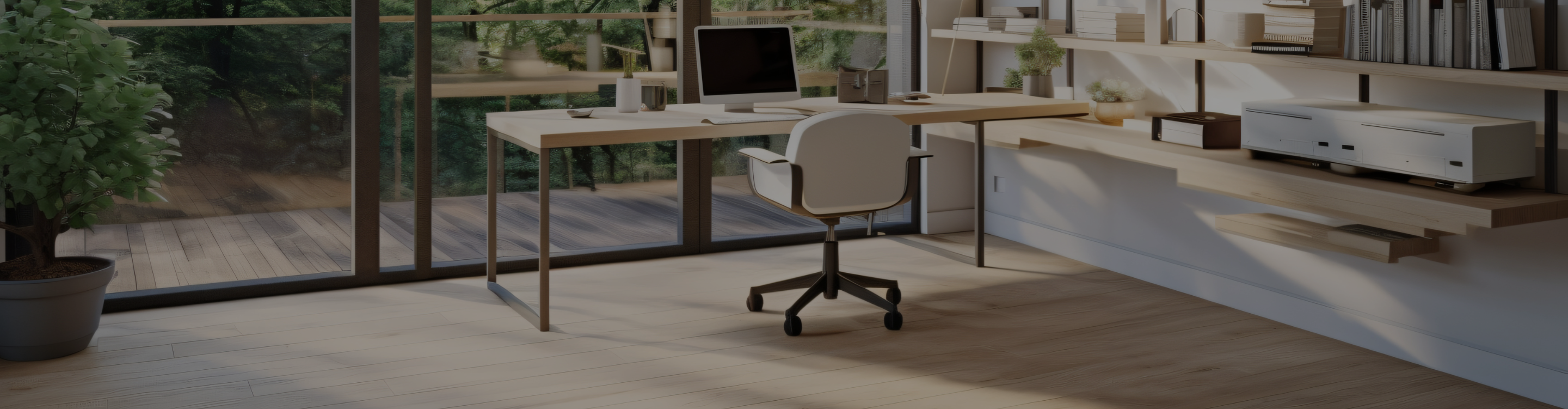 Hardwood floors in an office overlooking a wooden deck