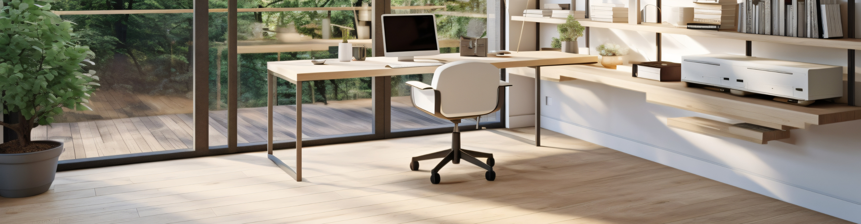 Hardwood floors in an office overlooking a wooden deck